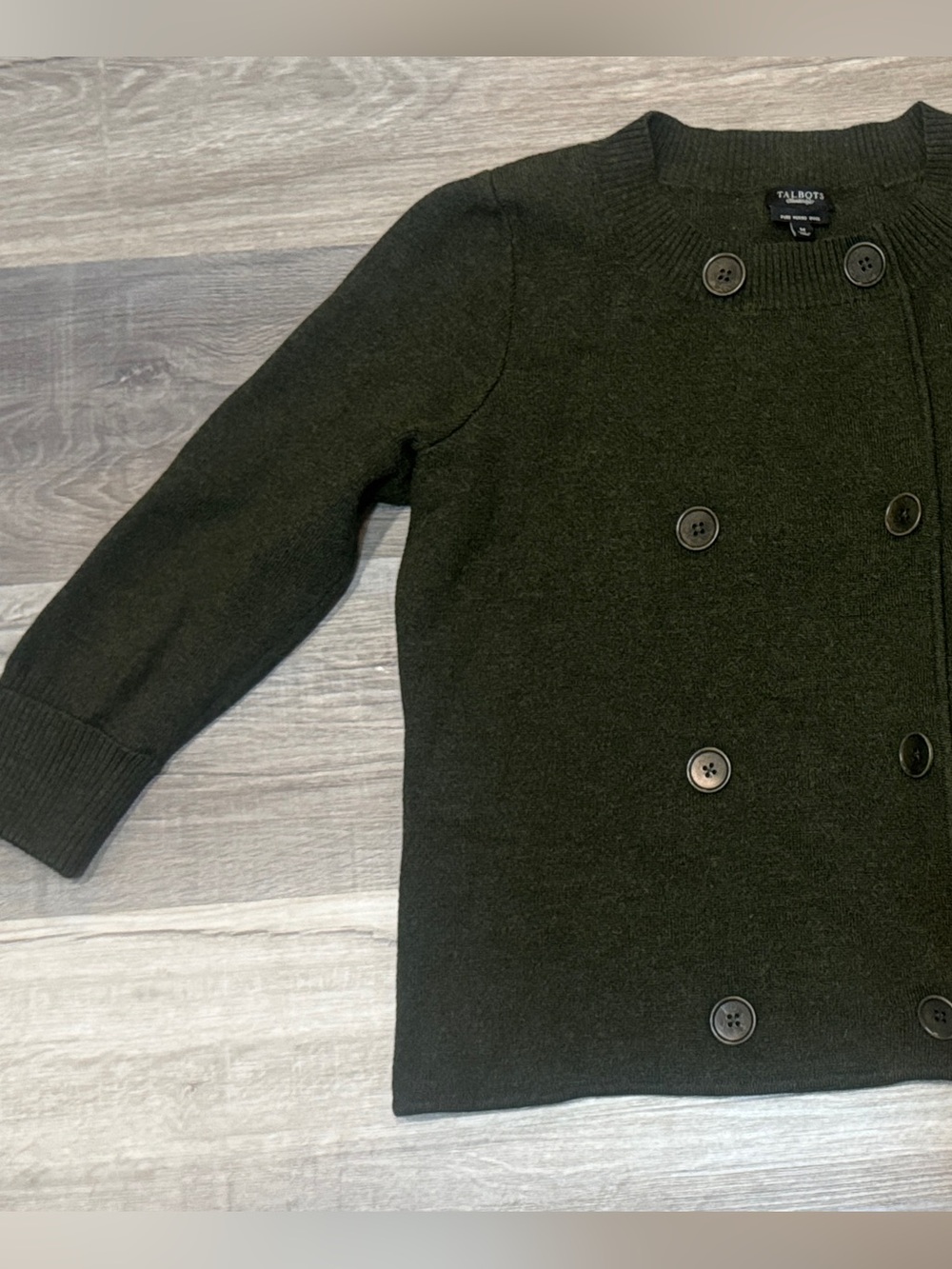 Talbots 100% Merino Wool Olive Green Double-Breasted Short Sleeve Sweater - Picture 2 of 8
